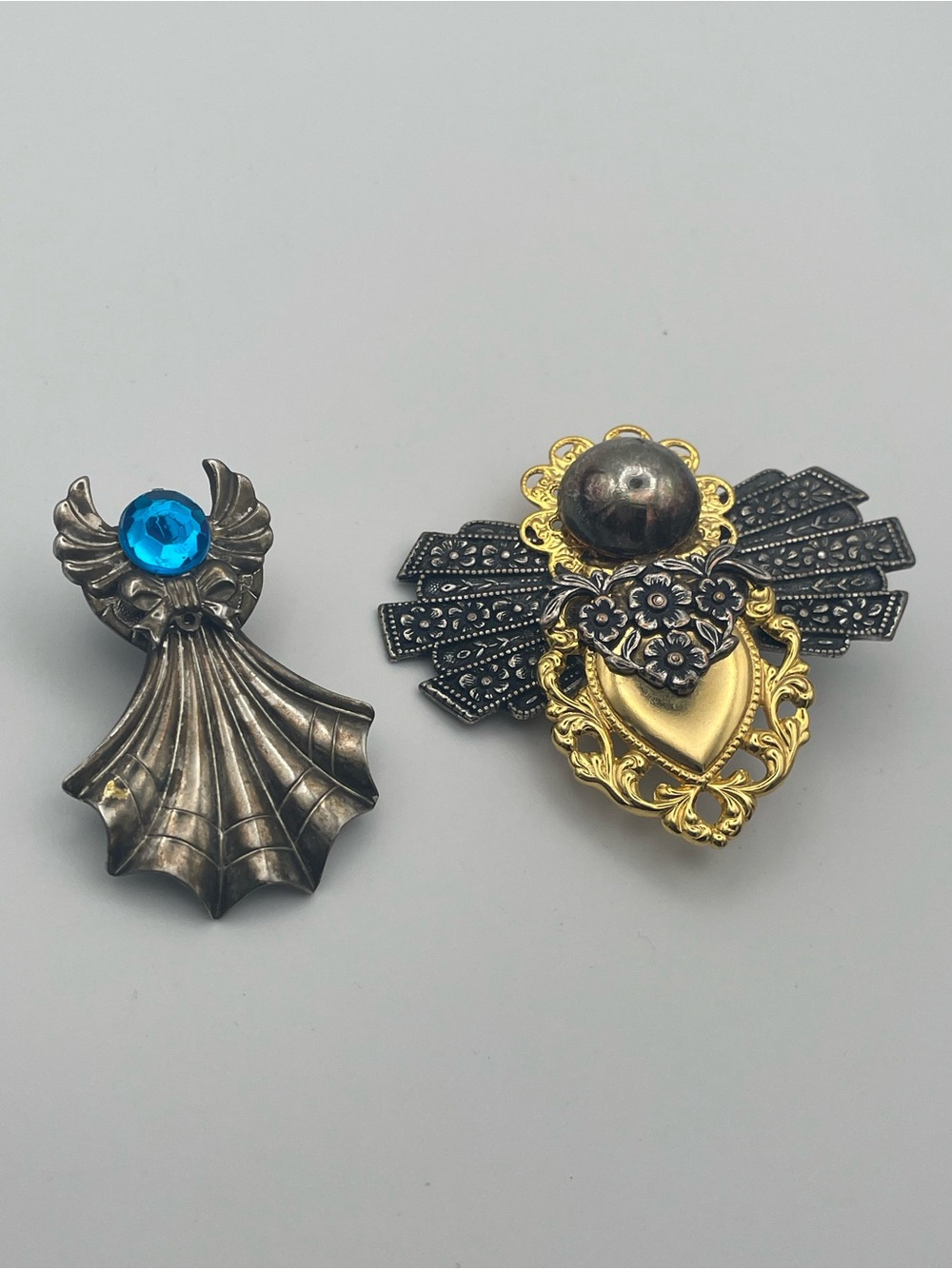 Vintage Heart Wing Angel Metal Brooch Set with Blue Gem. Gold and Silver Tone